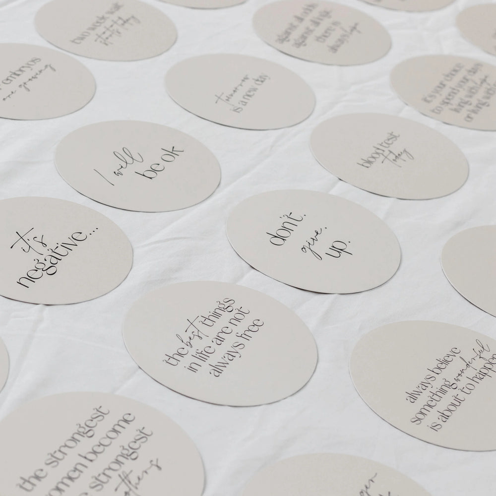 Round milestone cards with motivational phrases on a white background