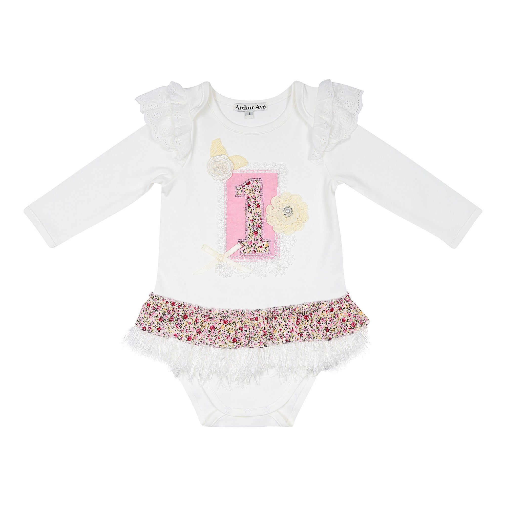 Winter First Birthday Pink Floral L/S Onesie