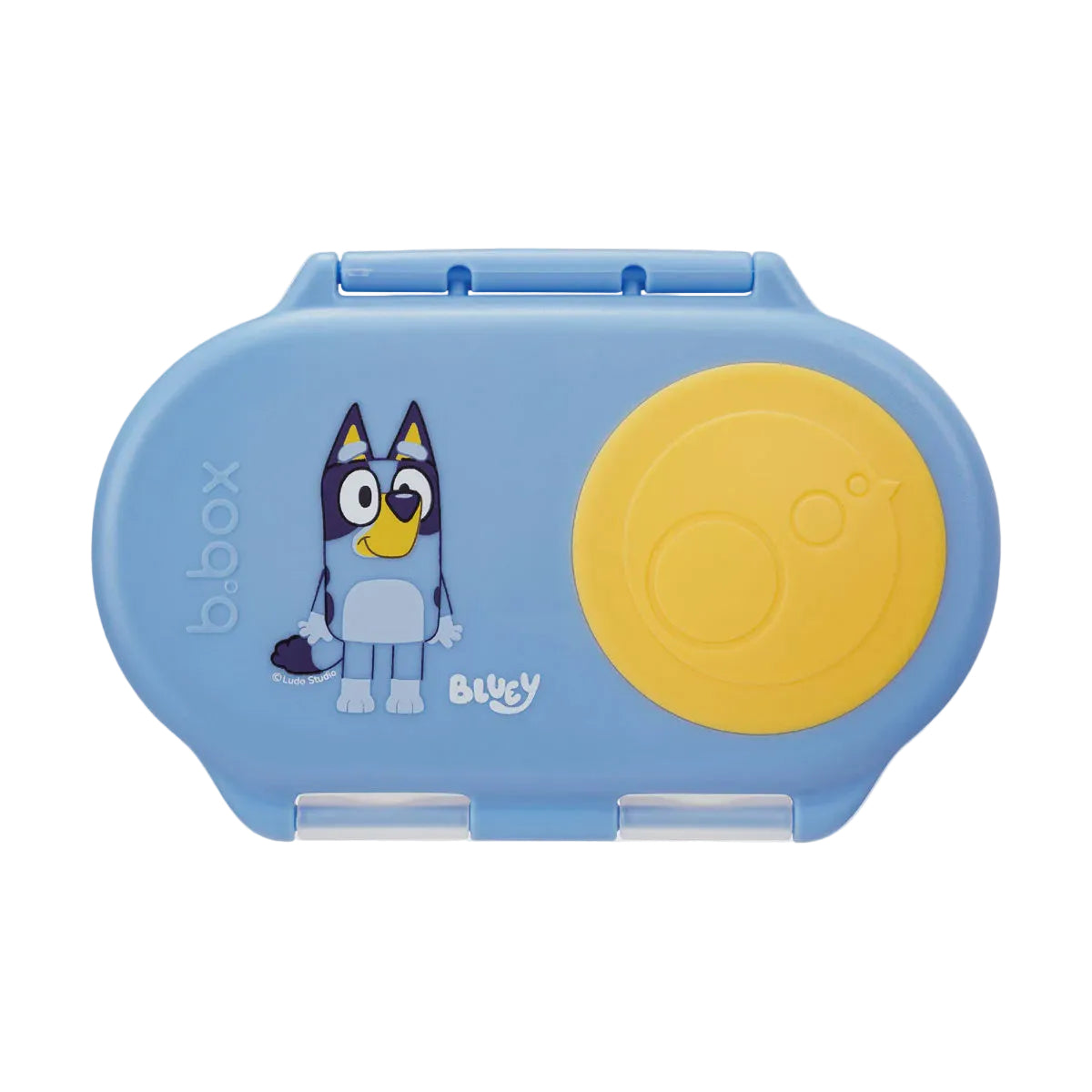 A blue snackbox with a character illustration and a yellow clip, featuring the brand name 'b.box' and the word 'Bluey'.