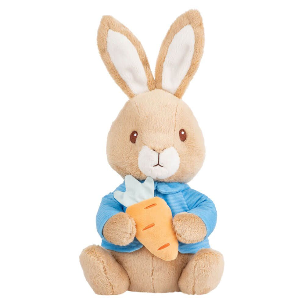 Plush toy rabbit in a blue outfit holding a carrot on a white background