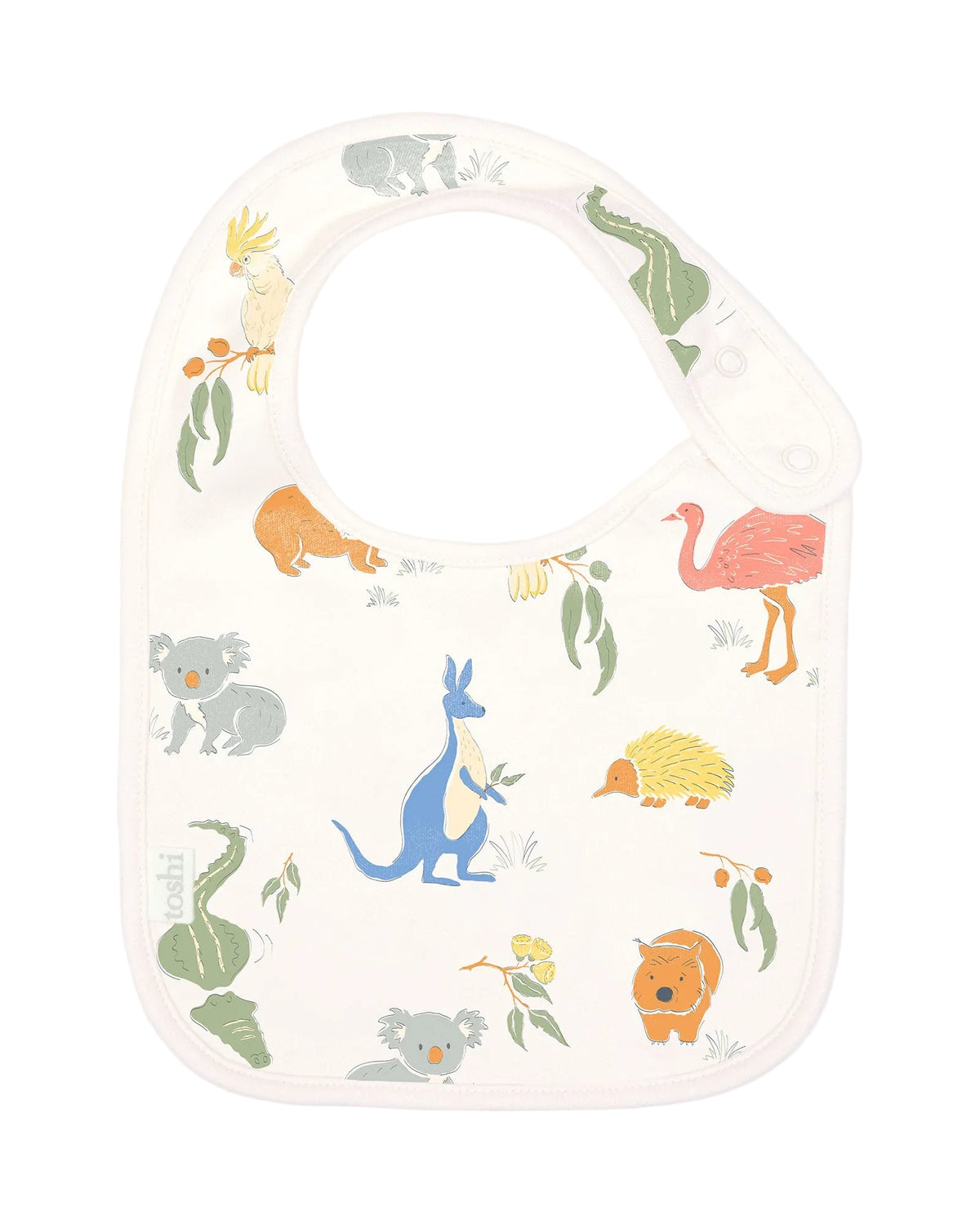 A multicolored baby bib with an Australian animal themed print, including representations of an emu, kangaroo, and other Australian animals.