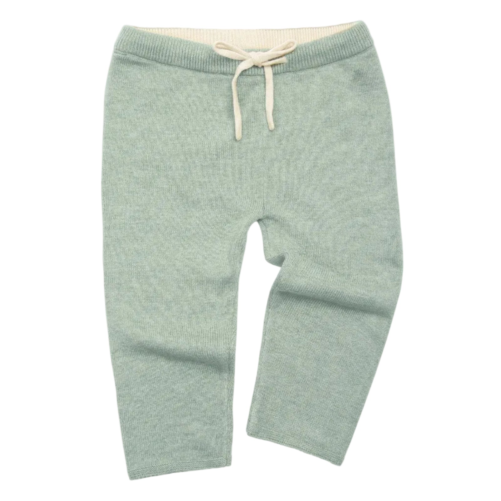Green knitted pants with a drawstring on a light gray background
