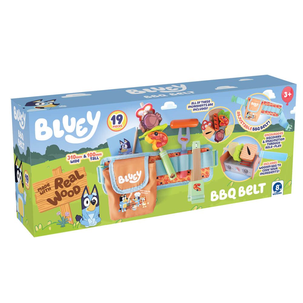 Box of Bluey BBQ Belt toy set with colorful design and character illustrations.