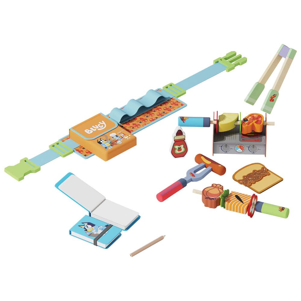 Collection of colorful Bluey toy kitchen items including a toy knife, fork, and spoon on a white background.