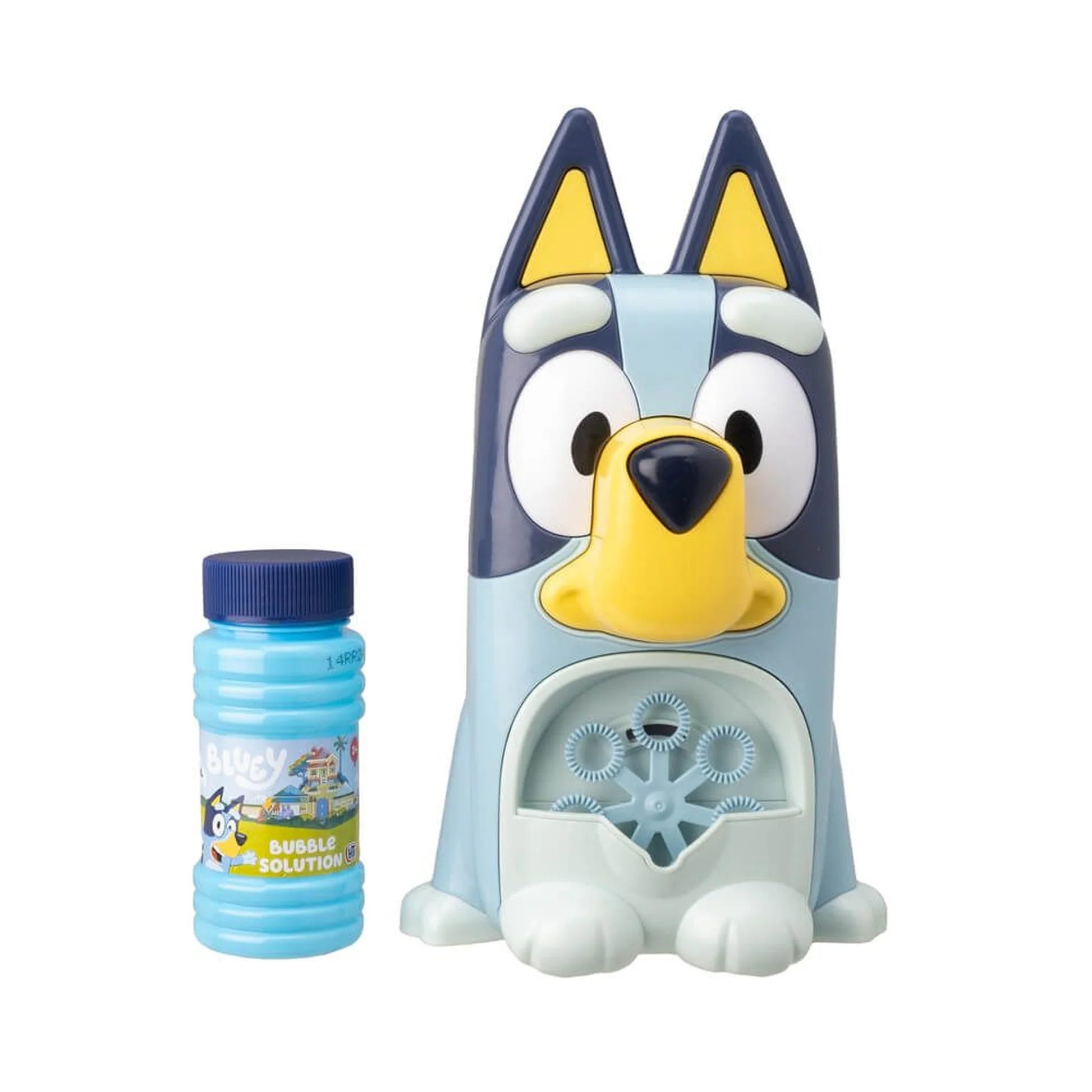Bluey-themed bubble solution bottle and dispenser on a white background