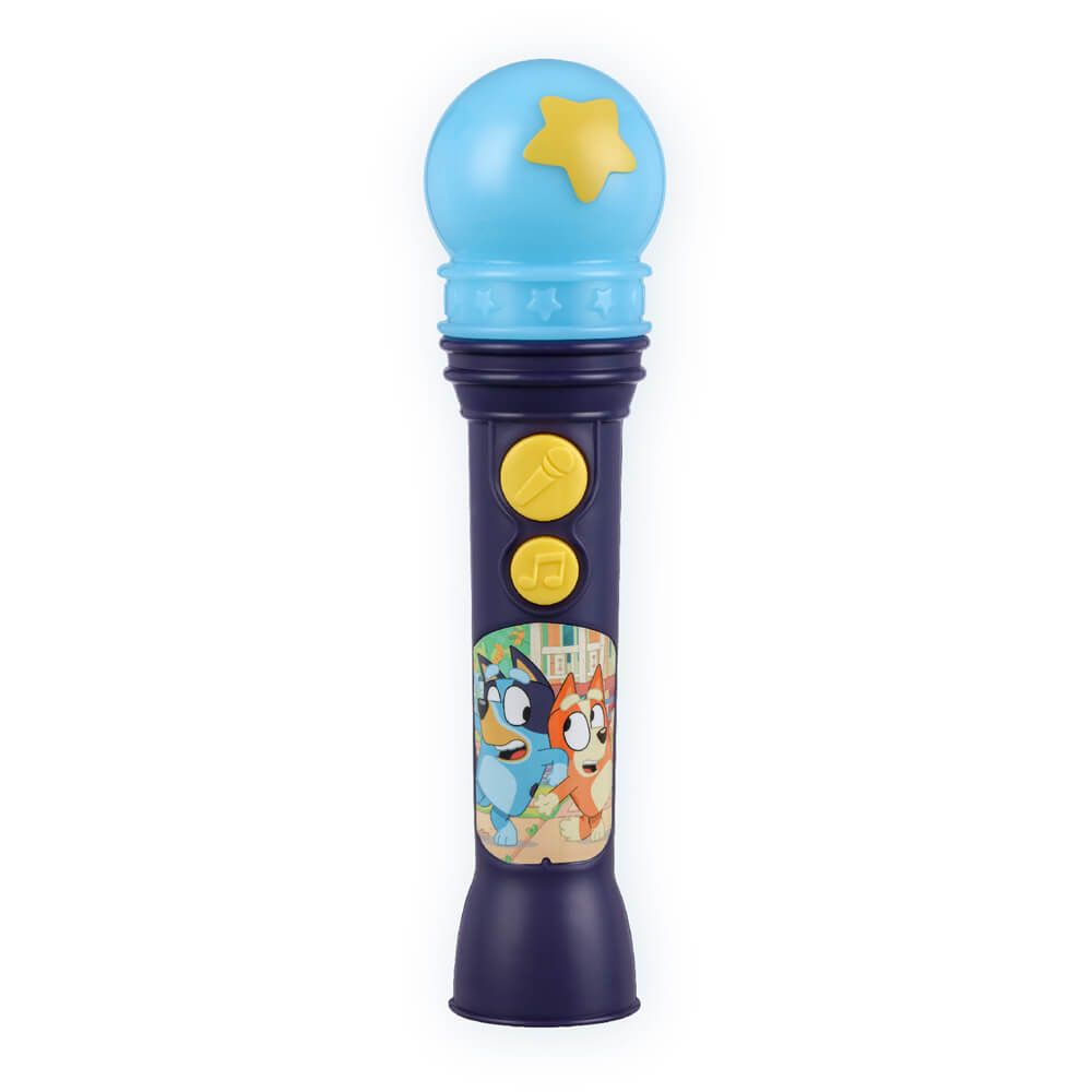 Toy microphone with blue top and purple body on a white background