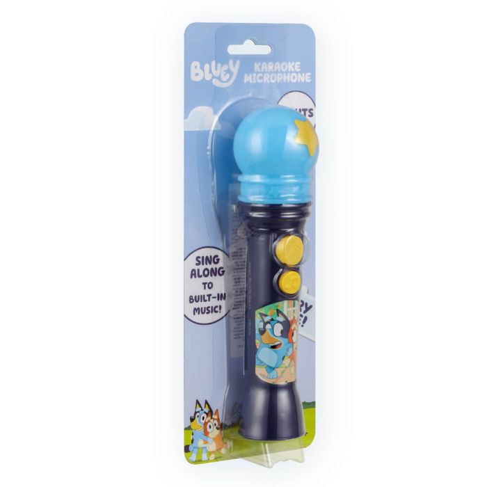 Toy microphone with packaging featuring cartoon characters on a white background