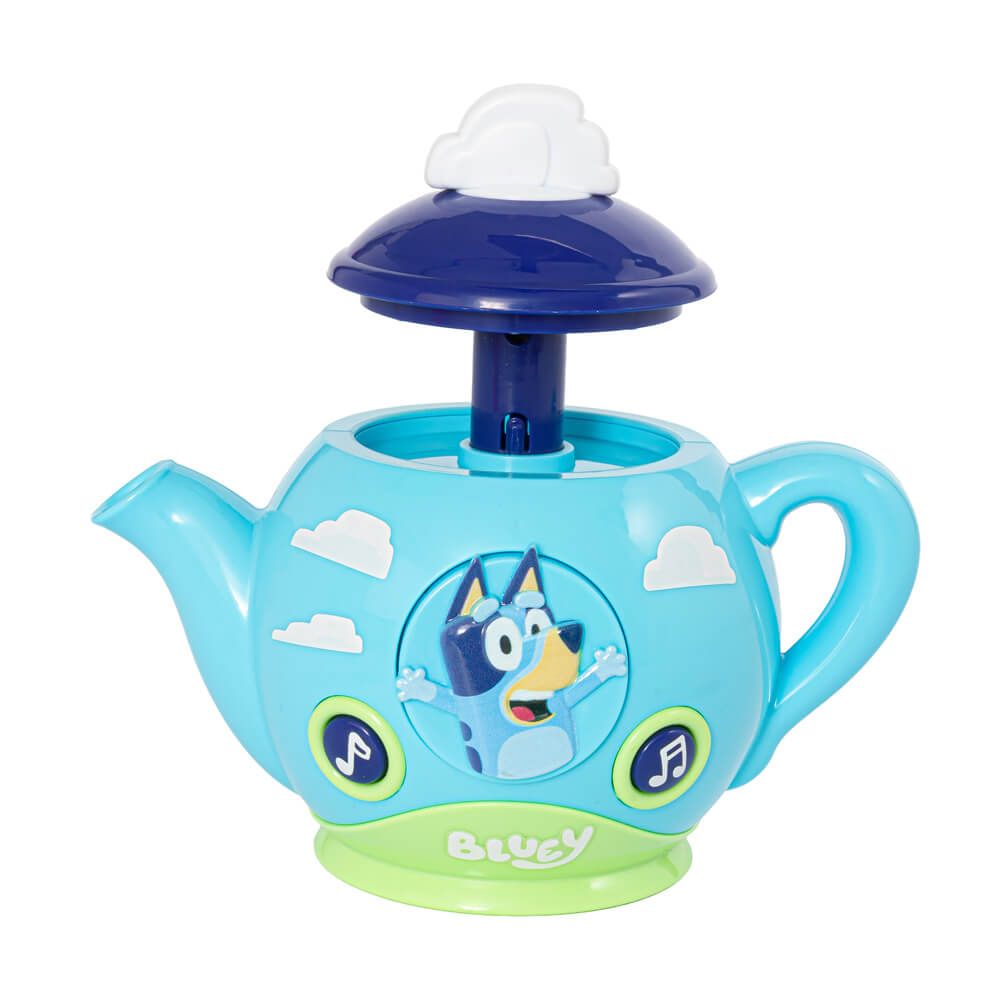 Bluey-themed teapot toy in light blue with a dark blue lid, white cloud details, and a green base, featuring the Bluey character on the front.