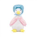 A plush toy depicting the character Jemima Puddle-Duck from Beatrix Potter's stories, featuring a silky soft pink and blue outfit.