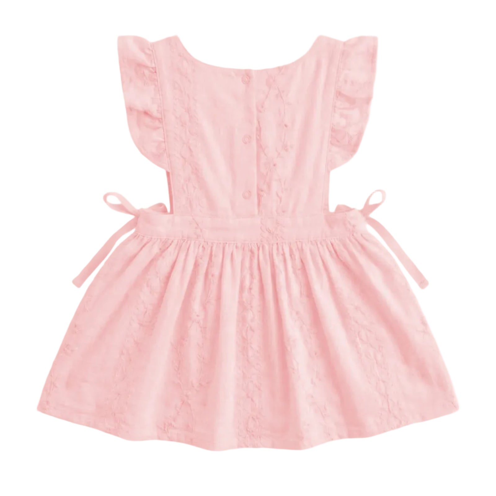 A light pink baby girl's pinafore dress with ruffled cap sleeves, a square neckline, and a gathered skirt with side ties, shown on a plain light gray background.