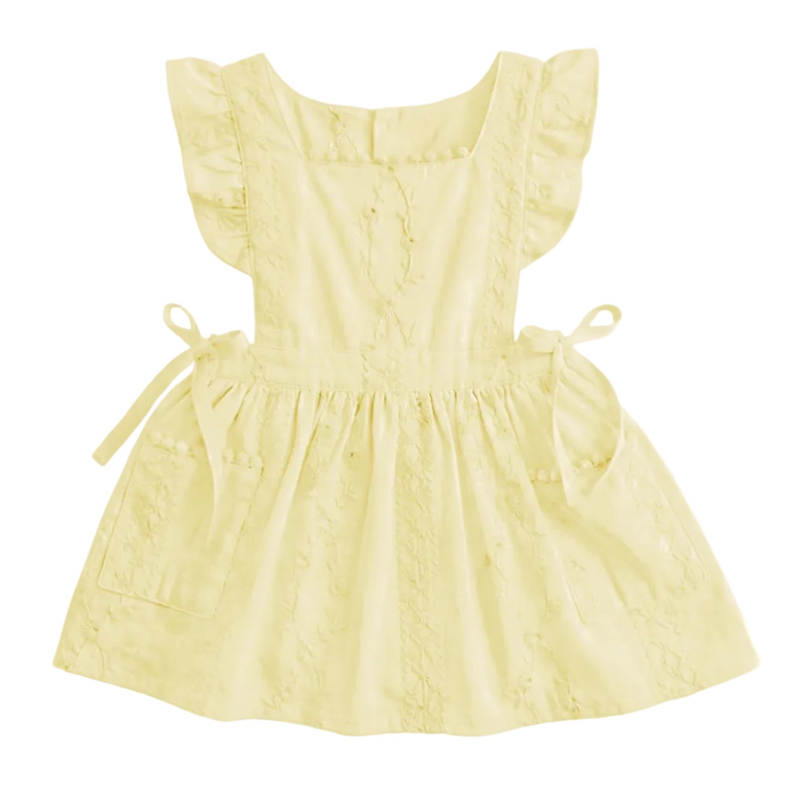 A pale yellow baby girl's dress with ruffled cap sleeves, a square neckline, and side ties, shown against a light gray background.