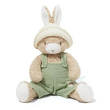 Stuffed toy rabbit wearing a beige hat and green overalls on a white background