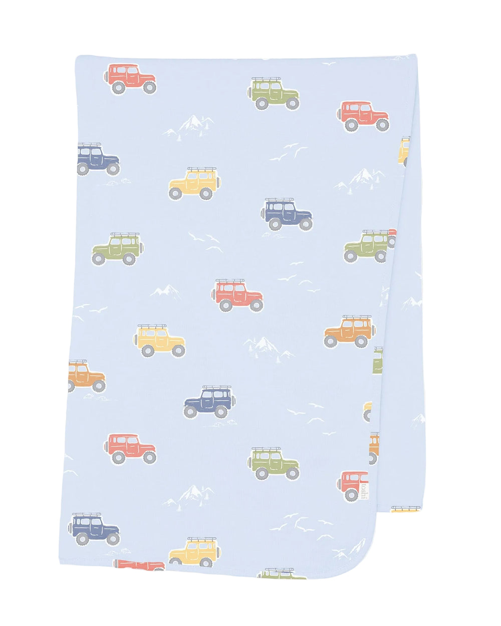 A knitted baby wrap with a pattern of various vehicles printed in multiple colors on a light blue background.