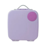 Lavender lunchbox with a purple circular design top right on a light gray background
