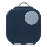 Navy blue b.box lunch box with a gray handle on a light gray background