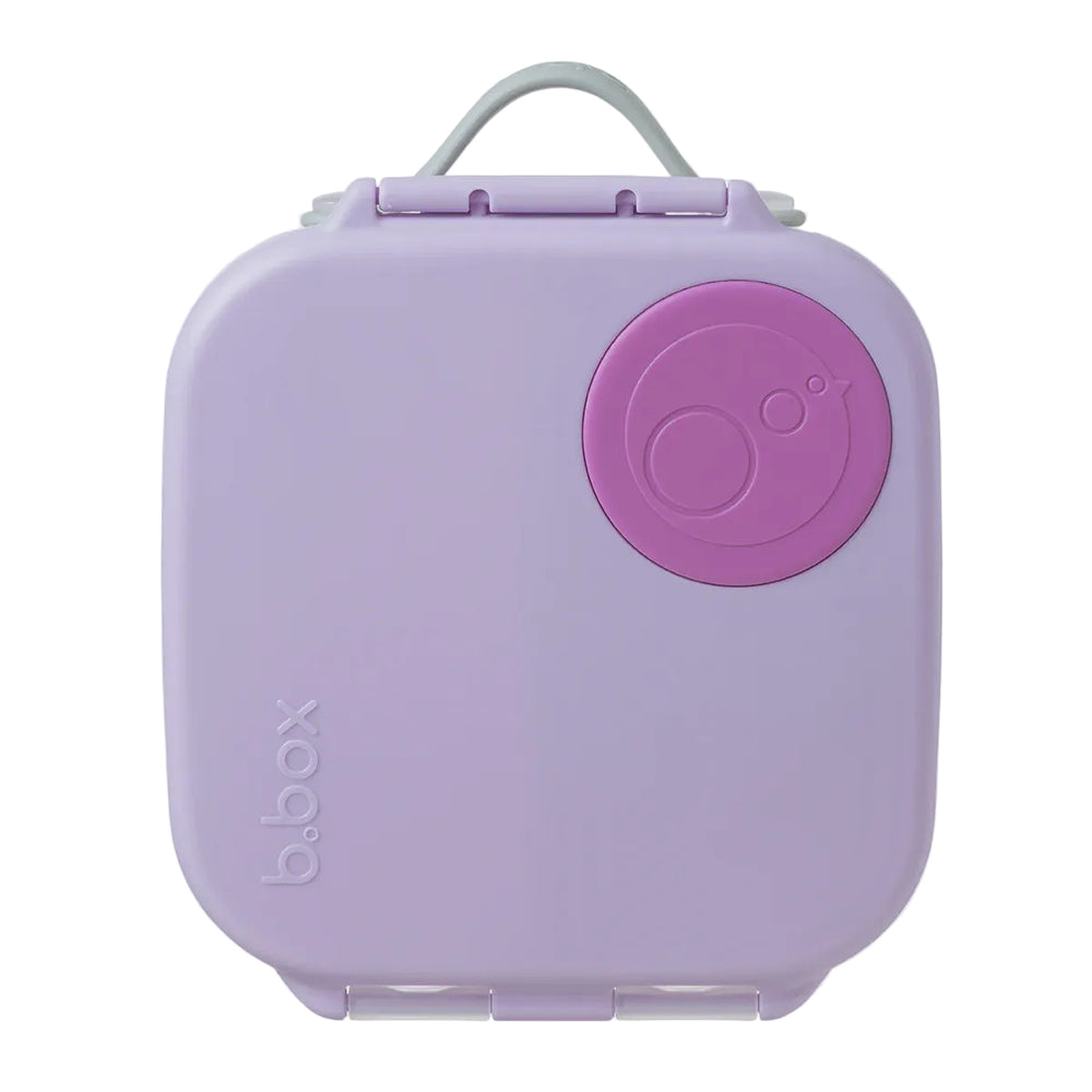 Purple mini lunchbox container with a purple lid on a light gray background