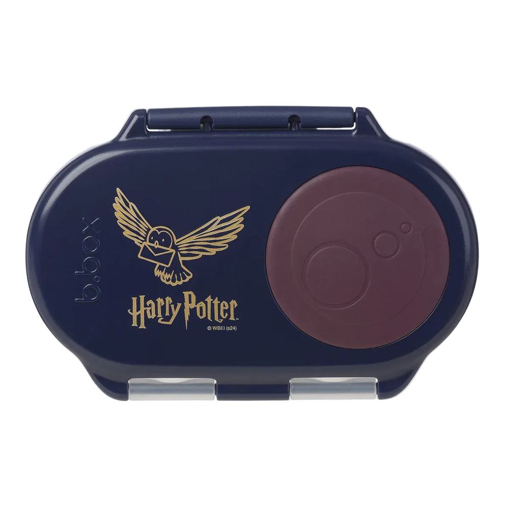 Navy blue snack container with Harry Potter logo on a light gray background