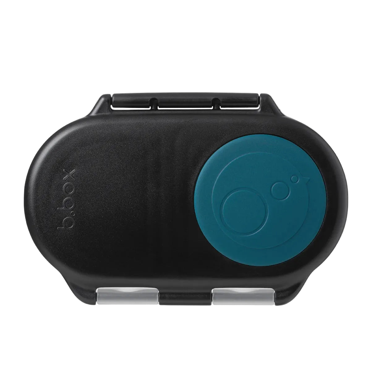 Black and blue lunchbox with a  b.box brand logo on a light gray background