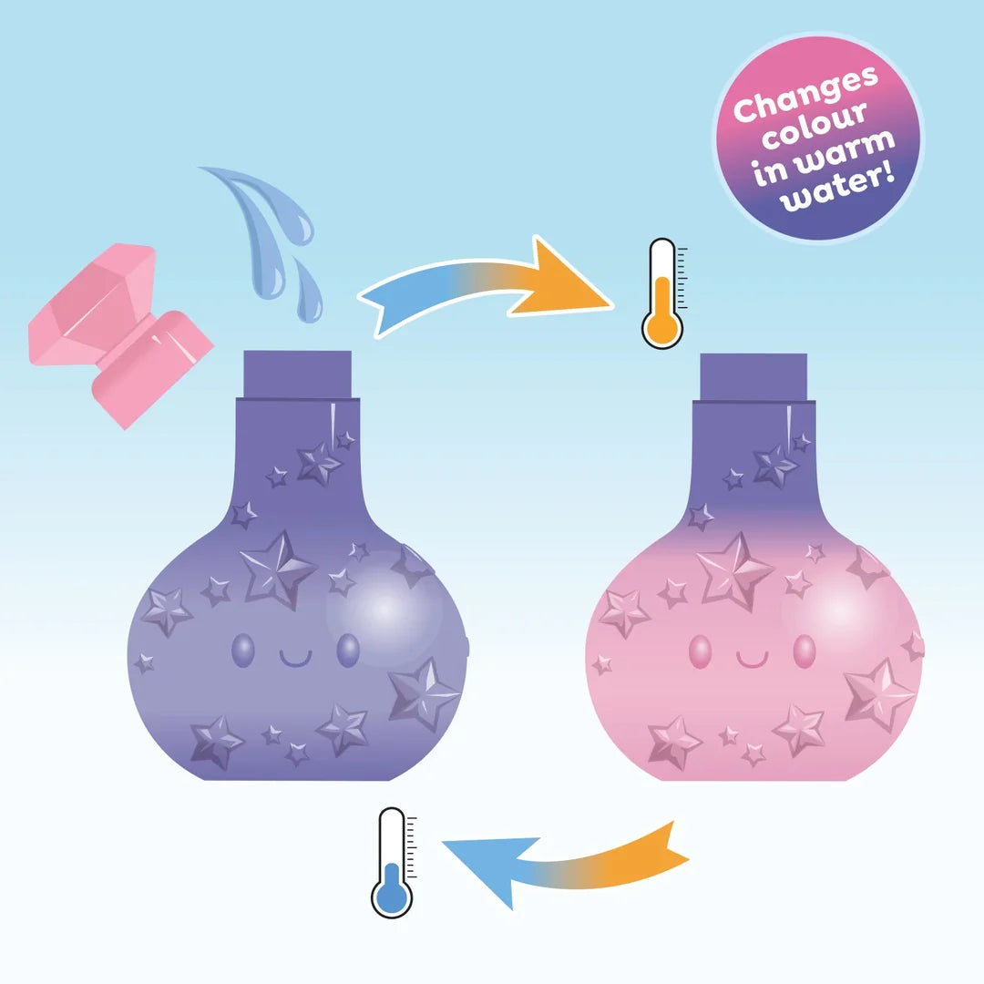 Tiger Tribe Bath Magic Colour-Change Potion Bottle toy packaging box, featuring a blue and purple design with an illustration of the bottle changing color in warm water.