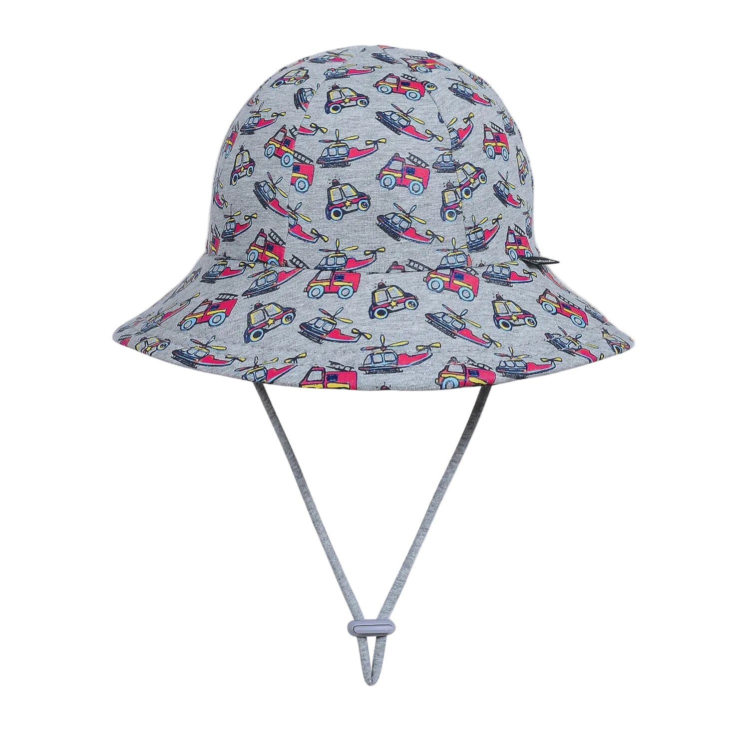 Kids bucket hat with grey background and images of emergency vehichles such as fire engine, helicopter, police care and ambulance