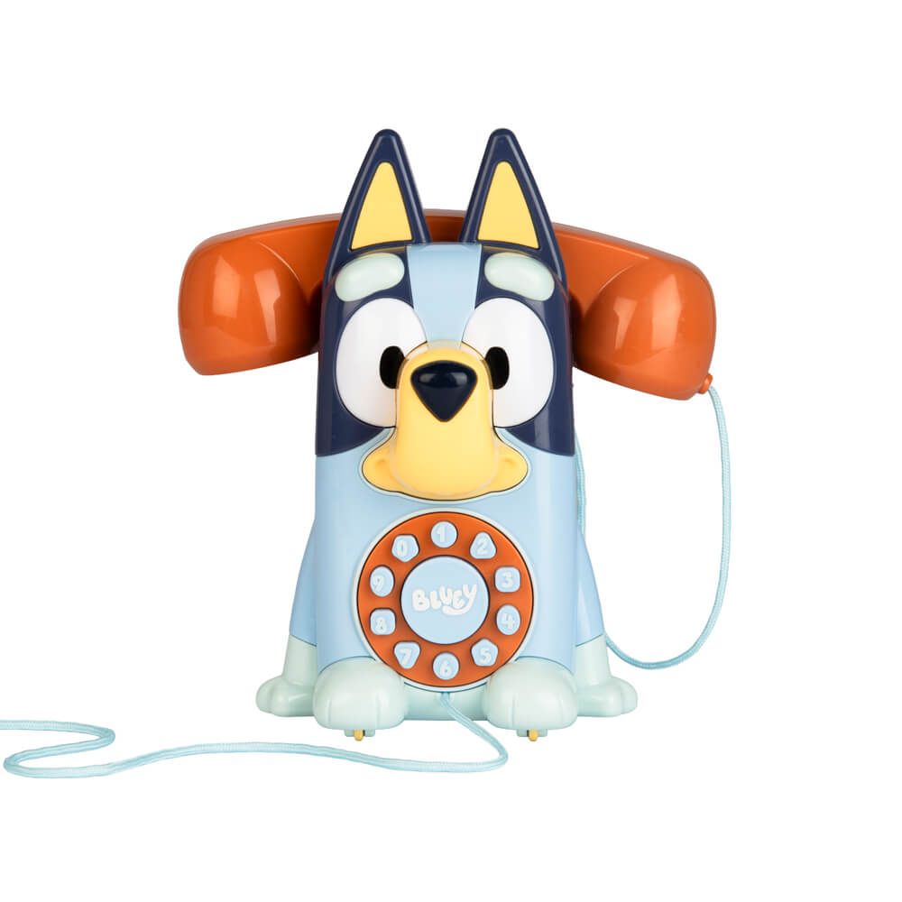 A Bluey-themed toy telephone featuring the character Blue, with a light blue body, dark blue head, yellow snout, orange receiver, and a light blue cord on a white background.