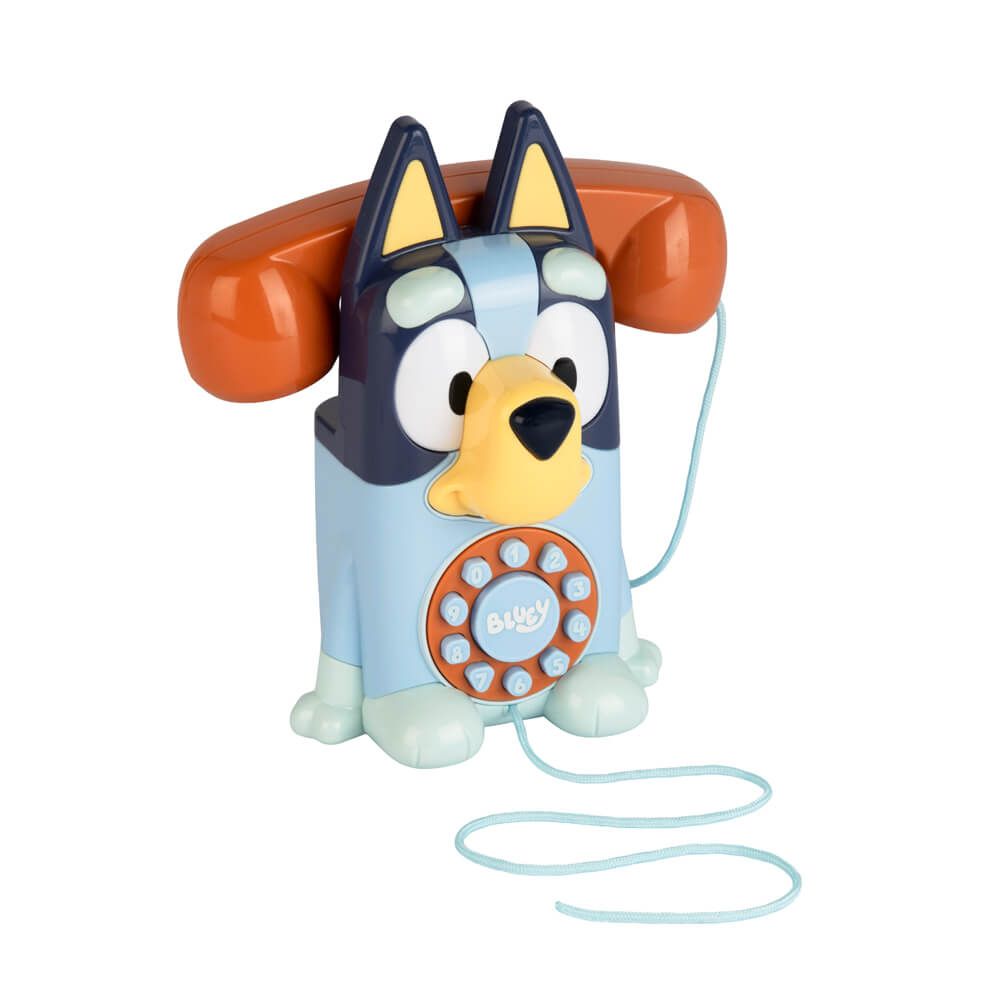 Bluey-themed toy rotary phone with a light blue body, dark blue head, orange handset, yellow beak, and light blue cord on a white background.