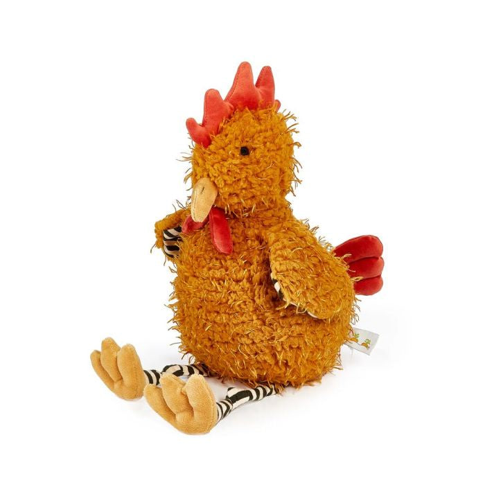 Plush rooster toy on a white background