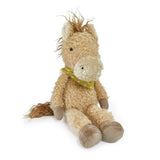 Plush toy horse with a yellow bow on a white background