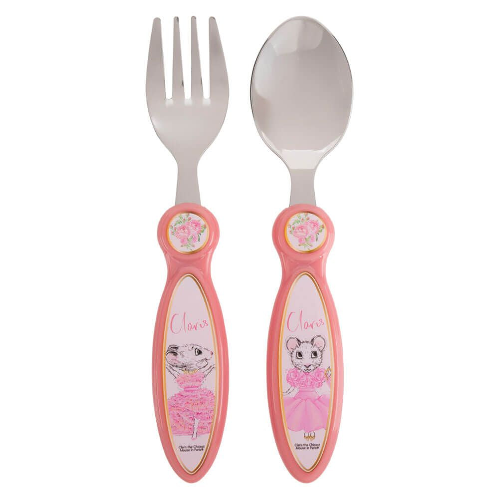 Children's fork and spoon set with pink handles featuring a Claris character design on a white background