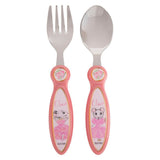 Children's fork and spoon set with pink handles featuring a Claris character design on a white background