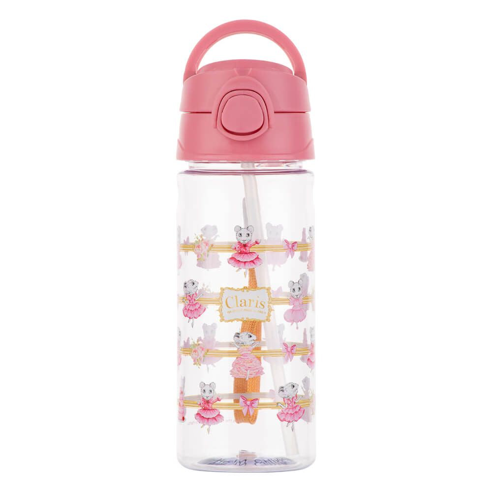 Clear Claris water bottle with pink lid and bear illustrations on a white background