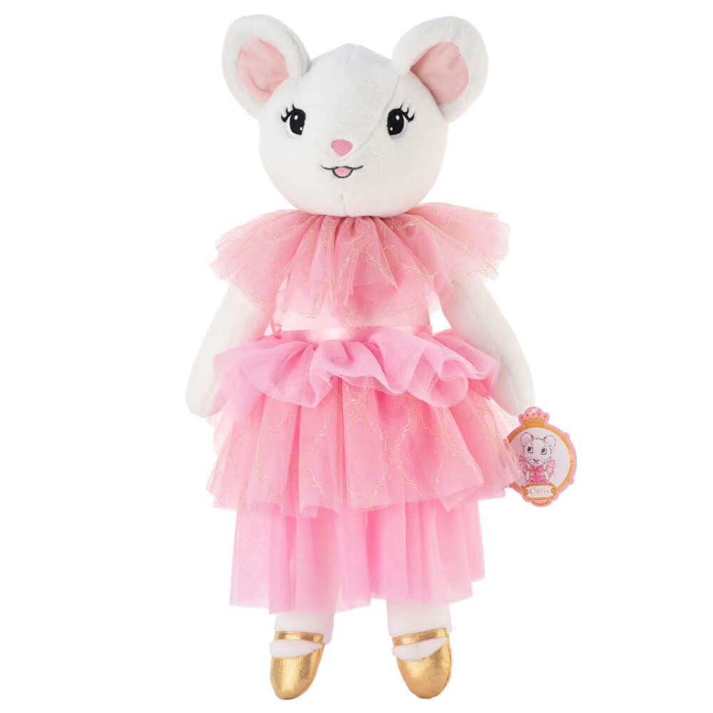 Plush toy Claris mouse in a pink dress with gold shoes on a white background
