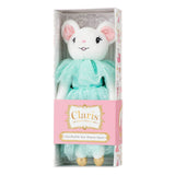 Plush toy mouse in a box with 'Claris' branding on a white background wearing an aqua dress