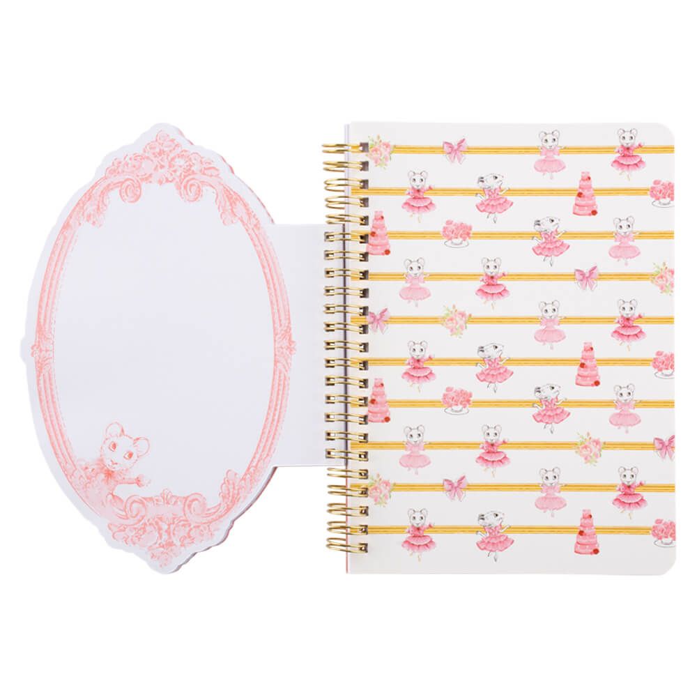 showing a ssection of the claris notebook with oval paper on the left looking like an old fashioned mirror and a cover on the righ with lines of yellow and claris in several different styles of pink dresses