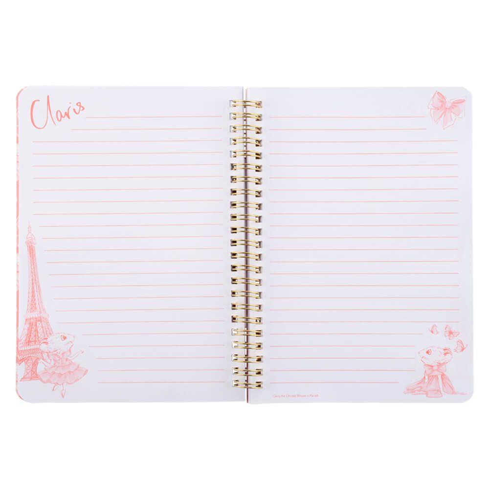 claris notebook opened to show two rectangle pages with images of the Eifel Tower with claris in front on bottom left, top right is a pink butterfly and bottom right is claris with 3 pink butterflies above her head. 