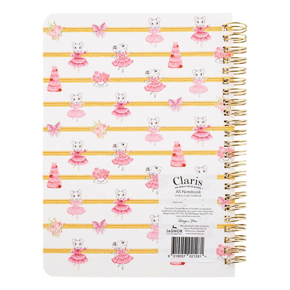 Back of the claris notebook with printed yellow lines and claris images o the ines