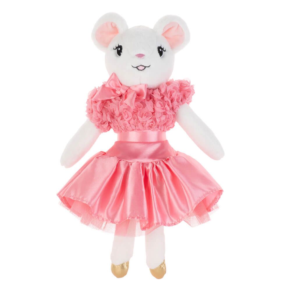 Claris plush doll wearing a pretty pink dress with rose ruffles on the top and satin skirt with tulle under the skirt. She has gold ballet slippers on her feet.