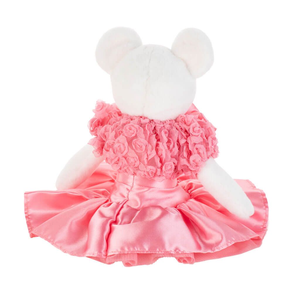 Back of claris the mouse sitting wearing her pink dress
