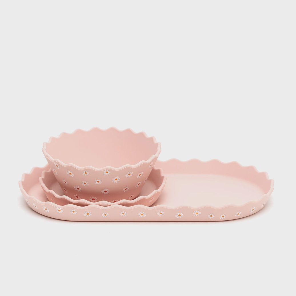 Pink Daisy Wavy Edge Silicone Bowl and Plate Set