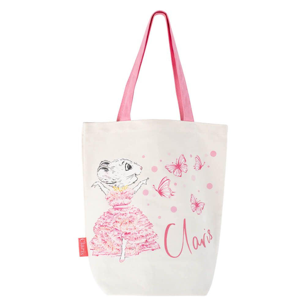 A canvas tote bag with pink straps and a illustration of a character named Claris, accompanied by butterflies, on a white background.
