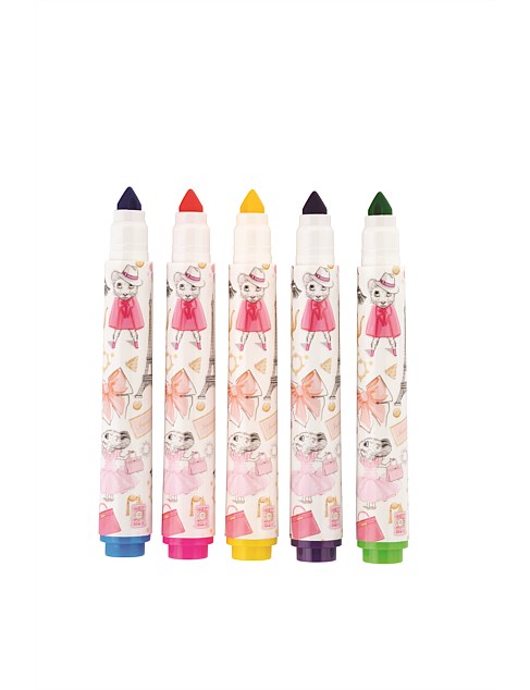 the claris the mouse textas shown without lids to see the colours of light blue, pink, yellow, purple and green