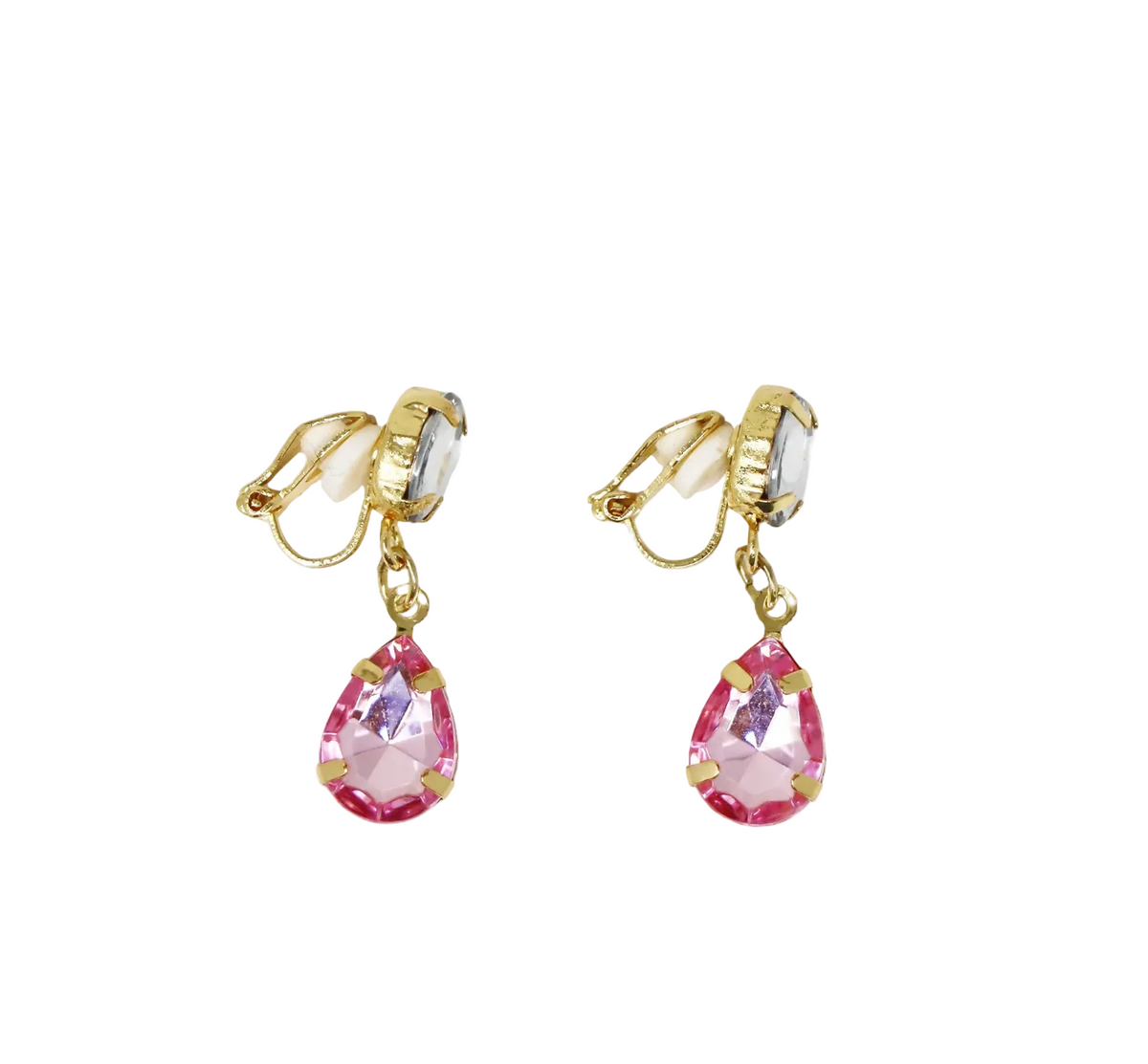 A pair of gold clip-on dangle earrings featuring faceted pink teardrop gemstones, shown against a plain white background.