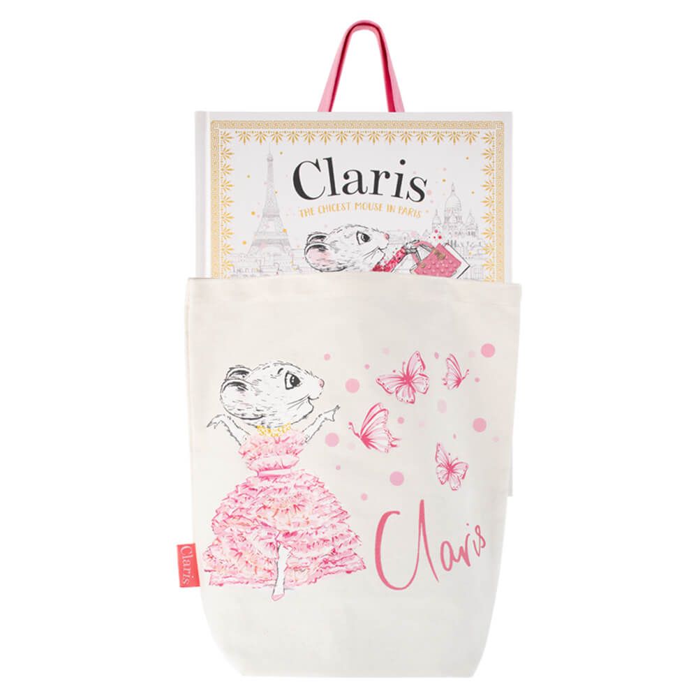 Claris tote bag with a claris book peeking out of it