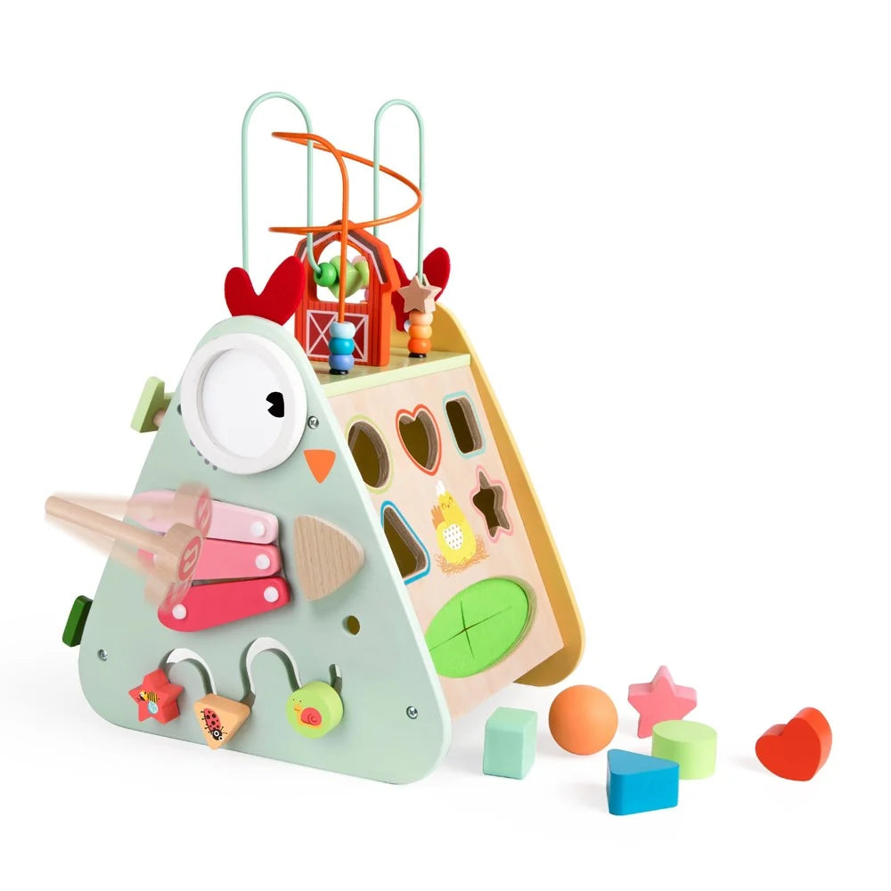 Colorful wooden educational toy with various shapes and a farm theme on a white background