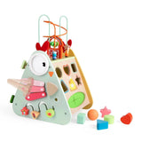Colorful wooden educational toy with various shapes and a farm theme on a white background