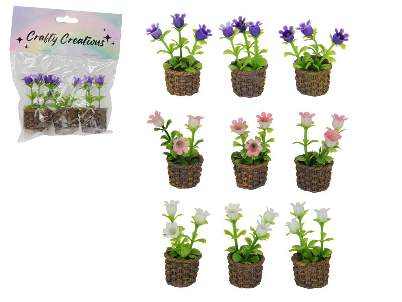 Set of 3 Flowers in Basket x 3 - 3 x Assorted Colours