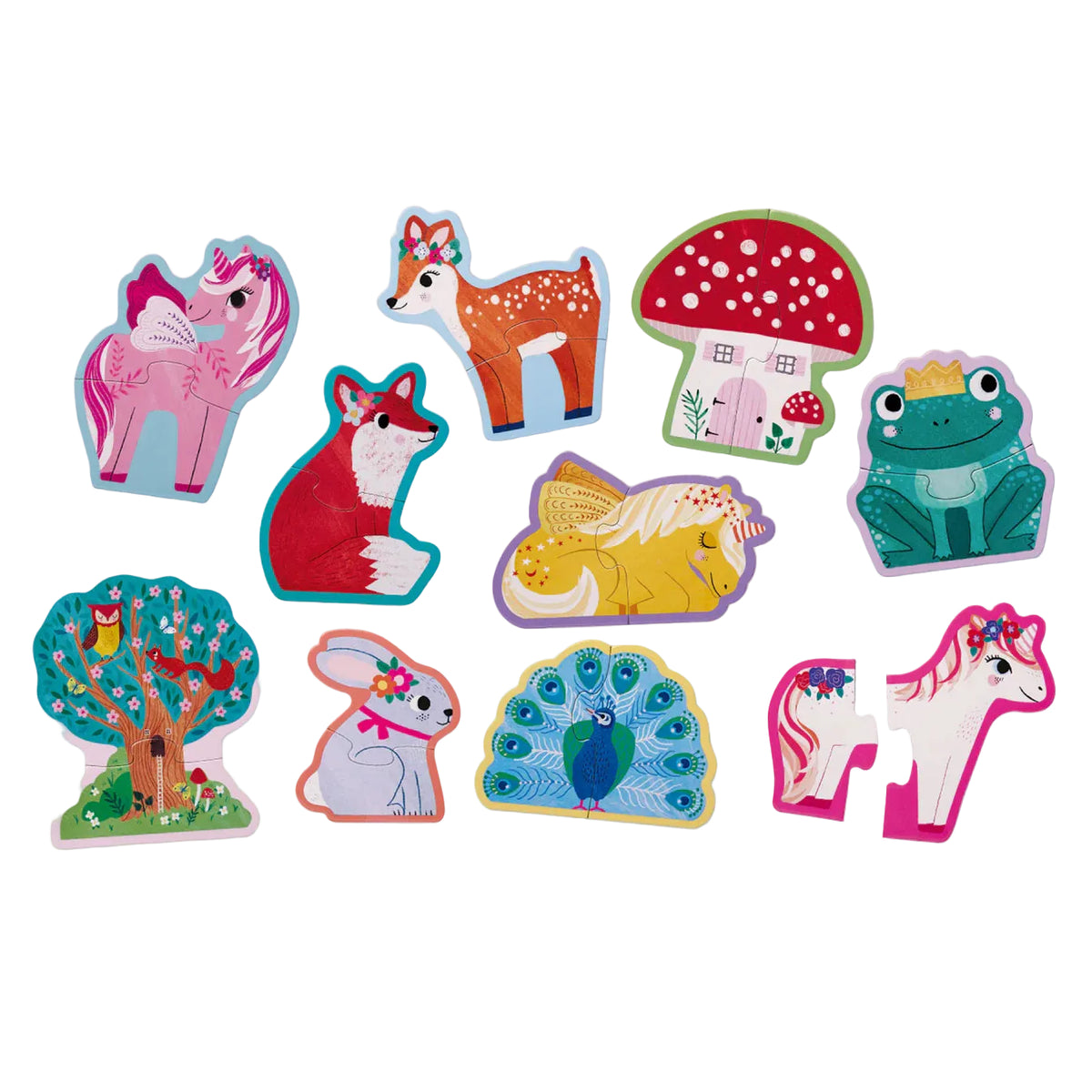 Set of colorful animal-themed puzzle pieces on a white background