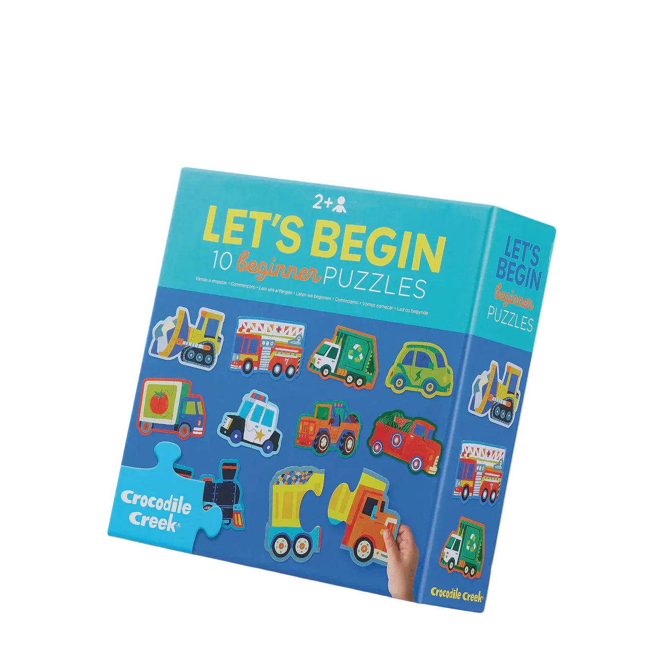 Children's puzzle titled 'Let's Begin' with illustrations of vehicles on a blue background.