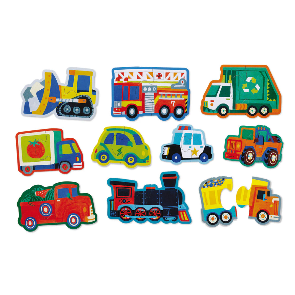 Set of colorful toy vehicle 2-piece puzzle pieces on a white background