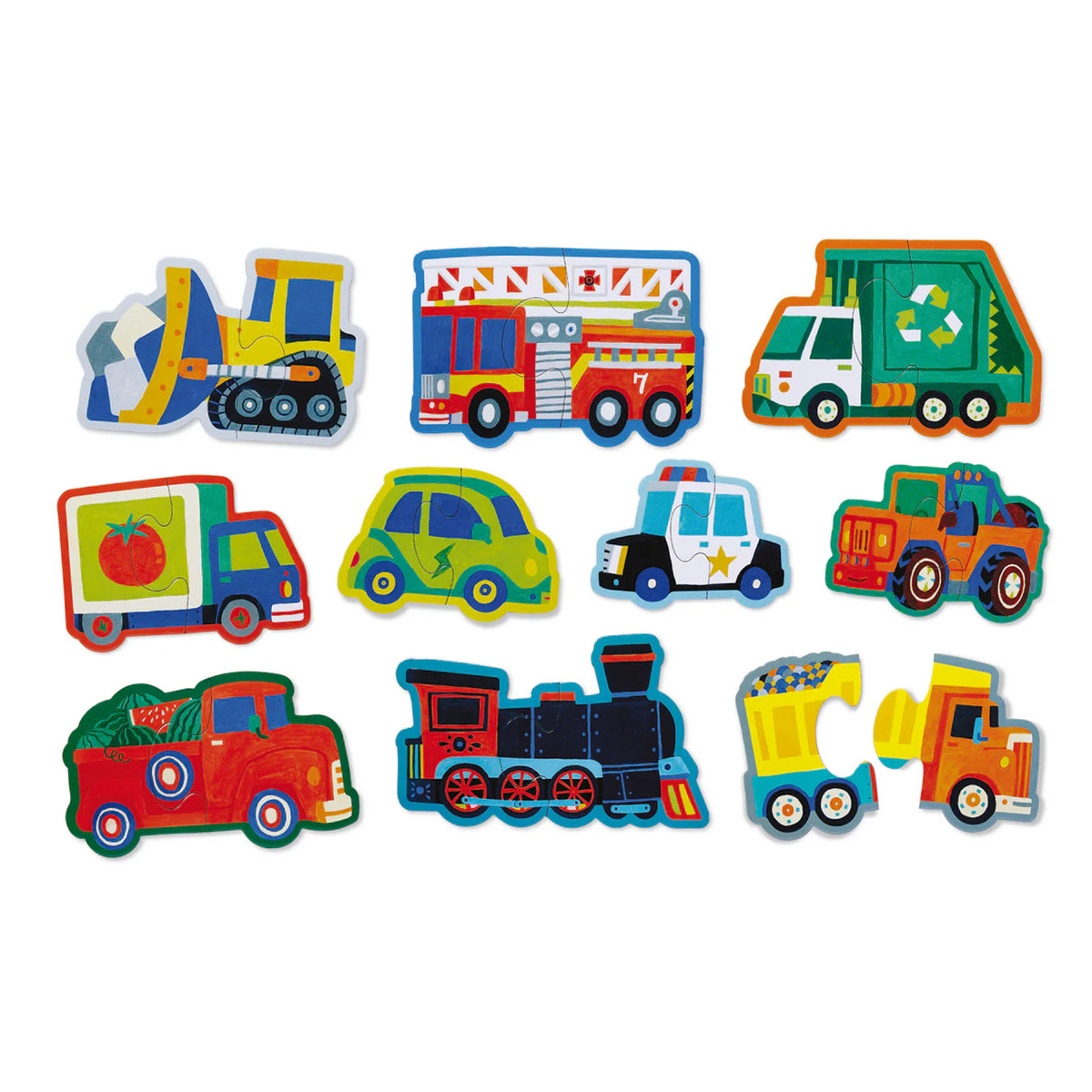Set of colorful toy vehicle 2-piece puzzle pieces on a white background